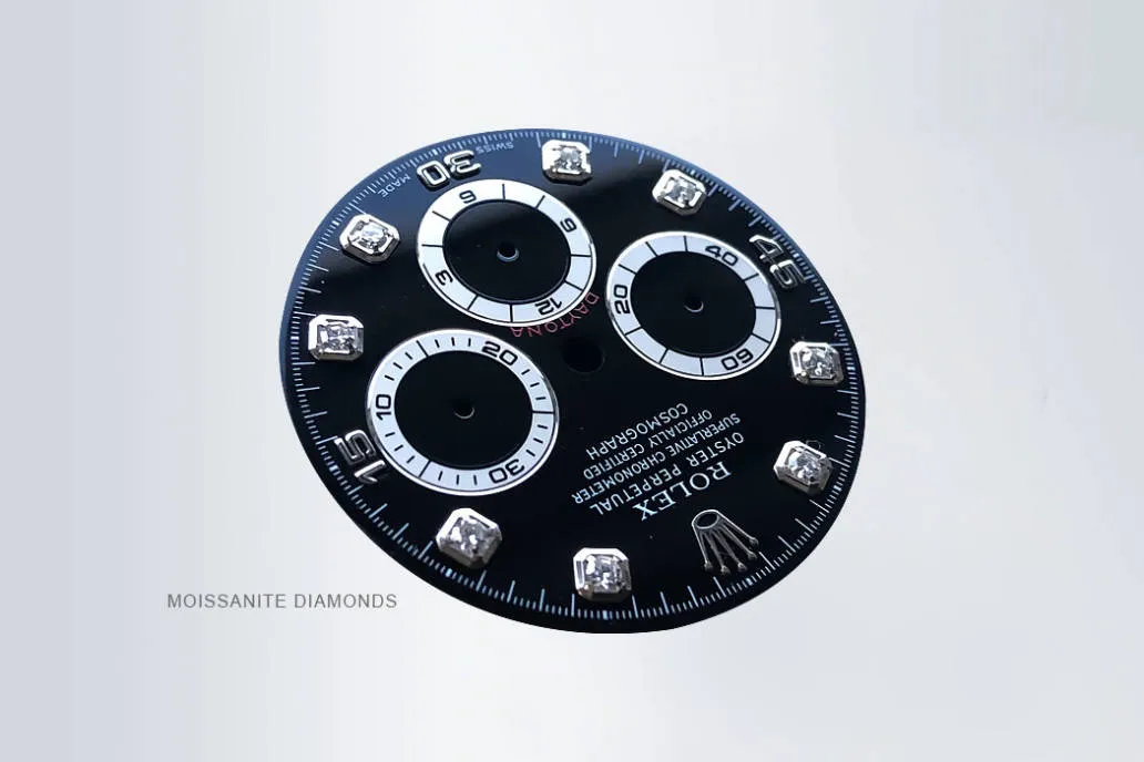 Black Rolex Daytona replica dial featuring Moissanite diamonds as hour markers for enhanced sparkle and luxury in iced-out models.