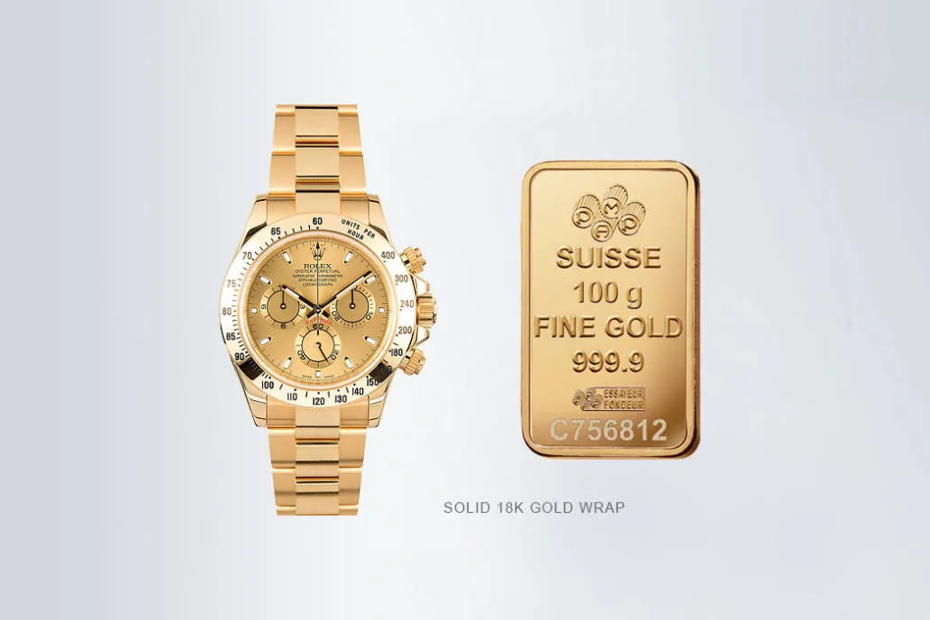Rolex Daytona replica watch with solid 18K gold wrap alongside gold ingot, demonstrating premium layering for fade-resistant shine.