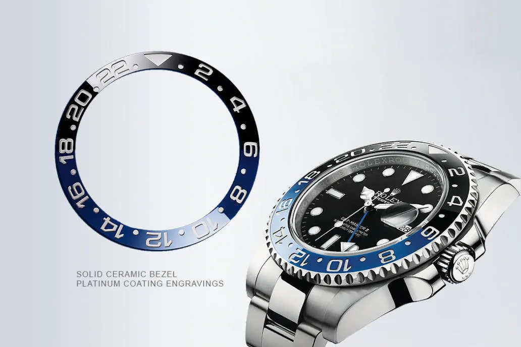 Solid ceramic bezel insert with platinum coating engravings on Rolex replica watch, showcasing precise and durable design details.