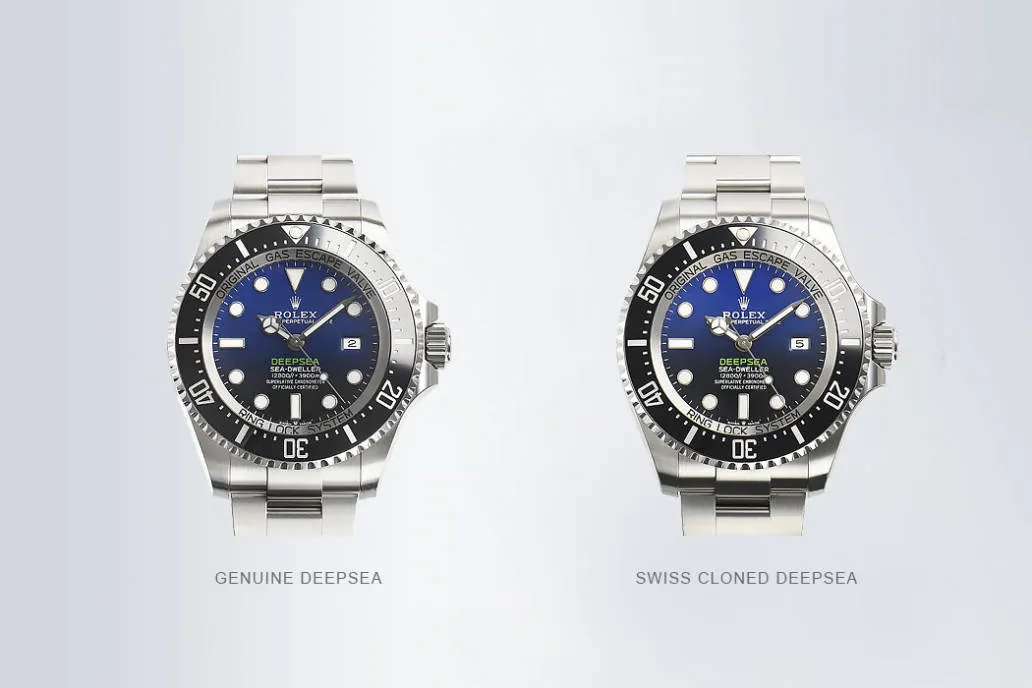 Side-by-side view of Rolex replica dial and original Rolex details showing 100% identical finish and markings.