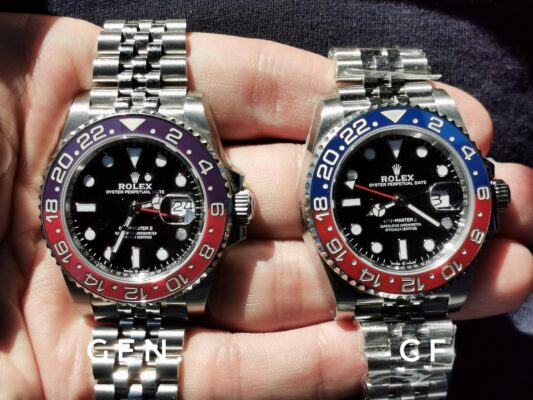 Clean Factory GMT-Master II Pepsi superclone vs genuine Rolex – bezel color and dial in natural daylight