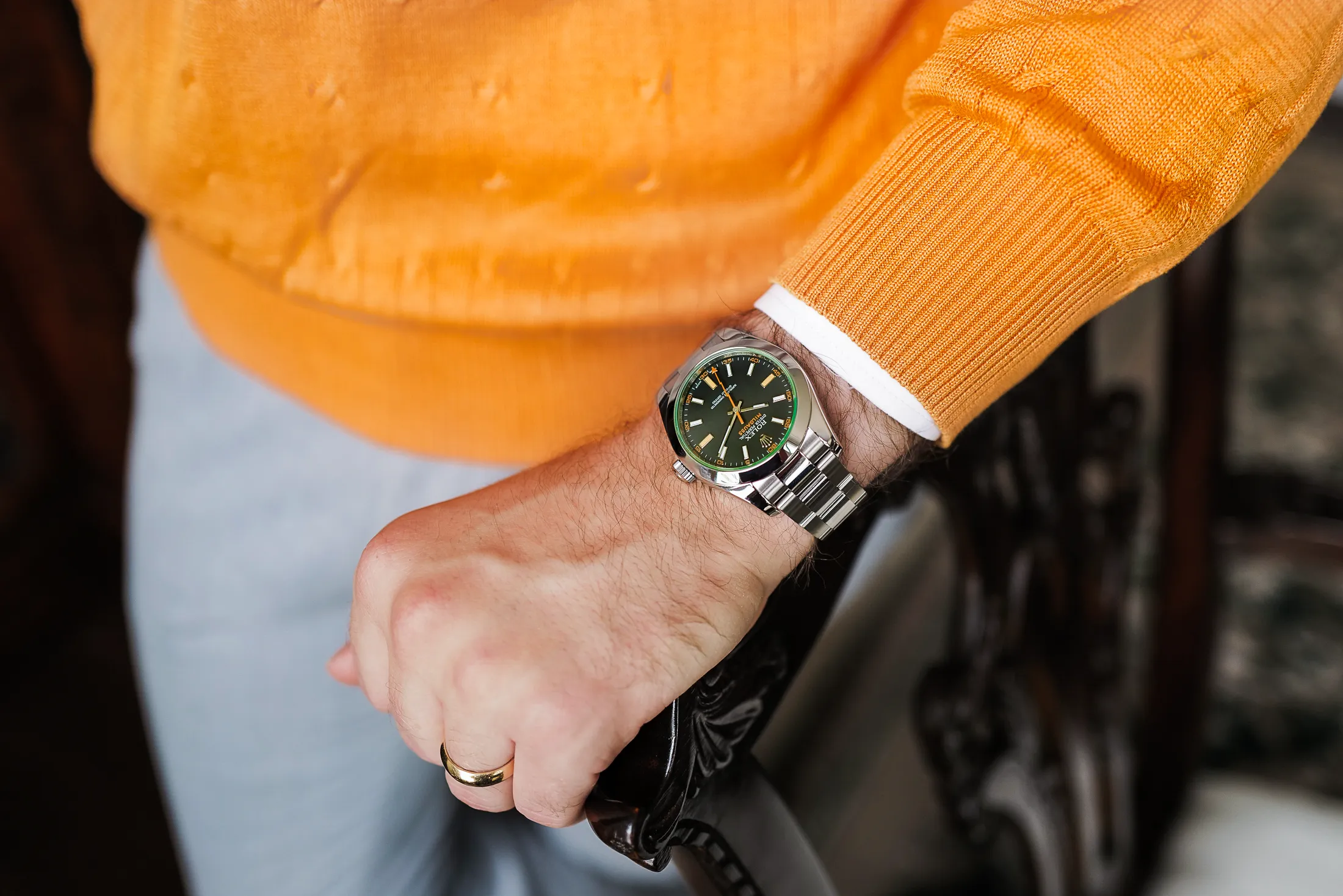 Full Milgauss superclone on wrist showing bracelet and case – demonstrates everyday wearability.