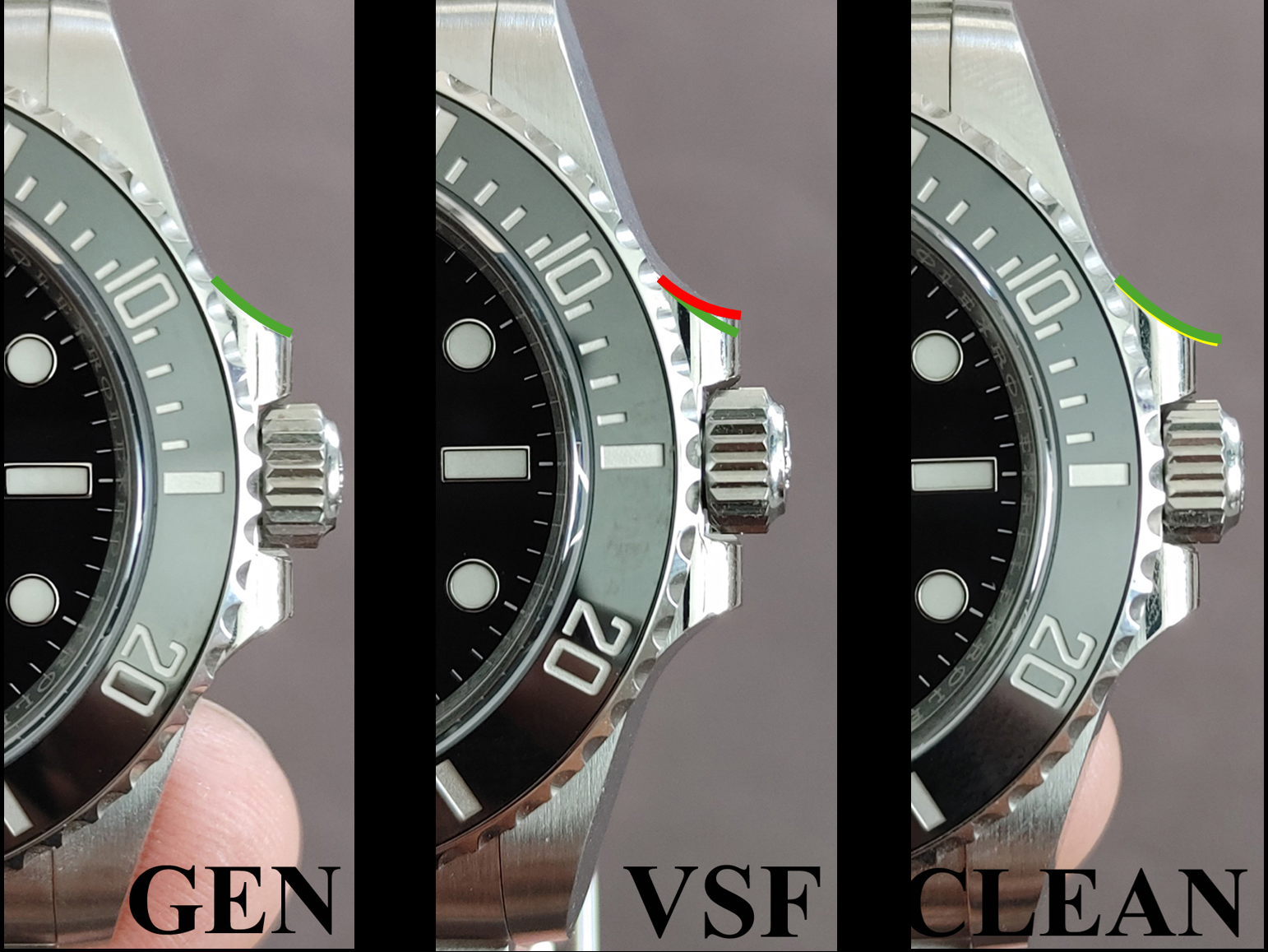 Close-up of VSF Submariner bezel alongside genuine and Clean Factory versions, highlighting edge profiles.