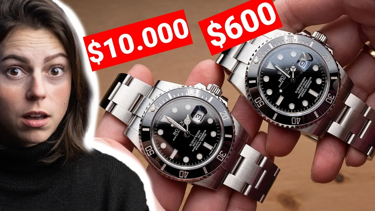 Side-by-side comparison of genuine Rolex Submariner (left) and $600 superclone (right), highlighting how close modern replicas have become in 2026.