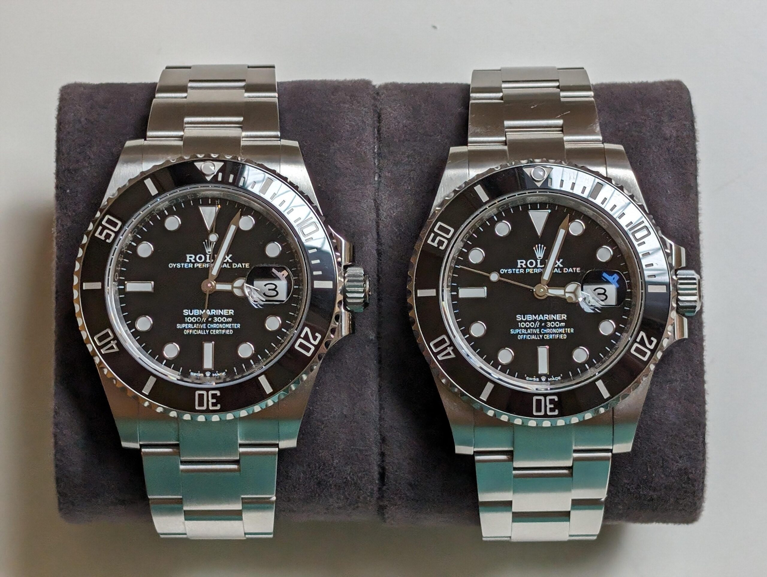 Side-by-side comparison of VSF Submariner (left) and genuine Rolex Submariner (right) showing similar case profiles and bracelet finish.