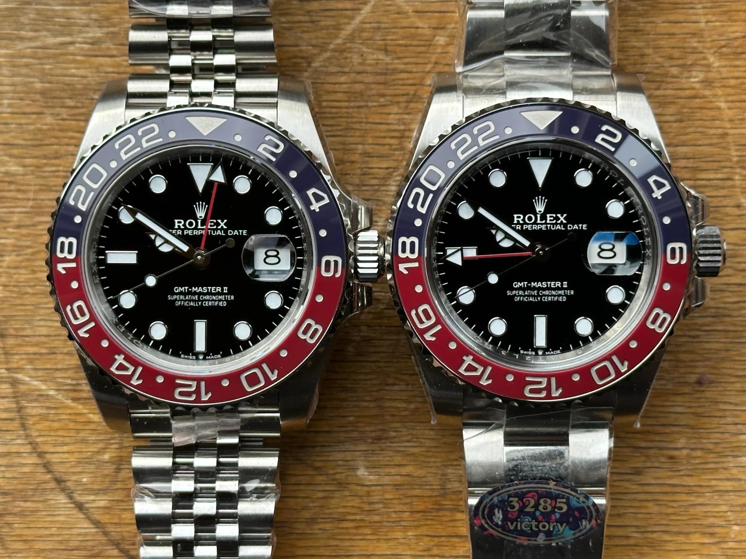 Close-up of Victory Factory sticker and Pepsi-style GMT for movement and case context (similar construction used in Root Beer models).