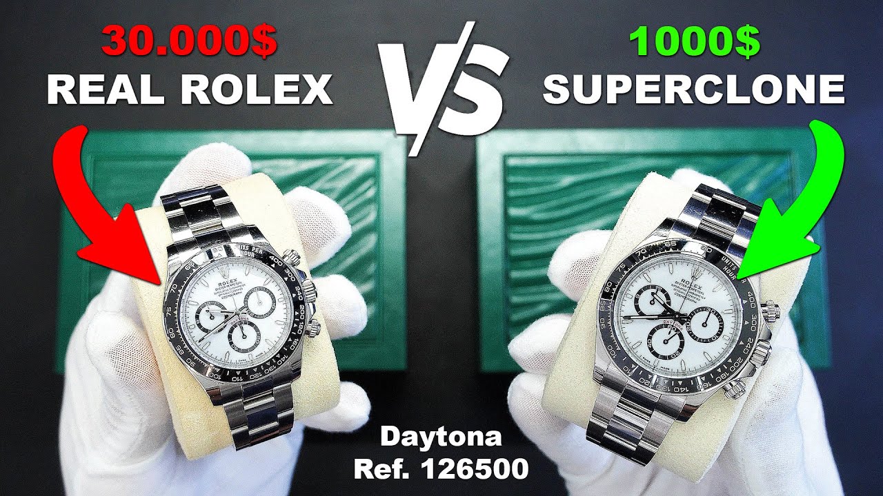 Side-by-side comparison view of genuine Rolex Daytona versus superclone version, focusing on dial layout and pushers.