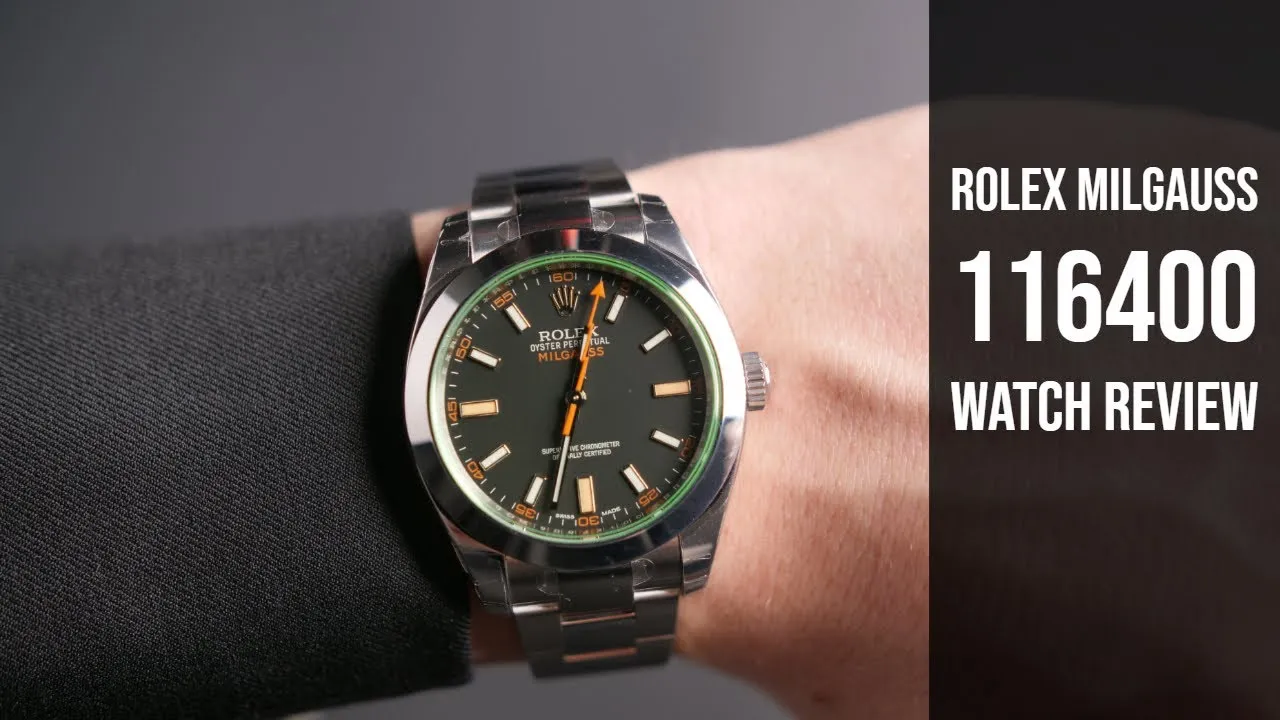 Rolex Milgauss 116400GV superclone on wrist – black dial with green crystal edge, orange lightning seconds hand, and precise hour markers under even lighting.