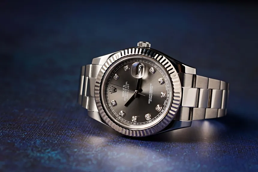 Front view Super clone Rolex Datejust Slate Dial Dimond Numerials Flutted Bezel