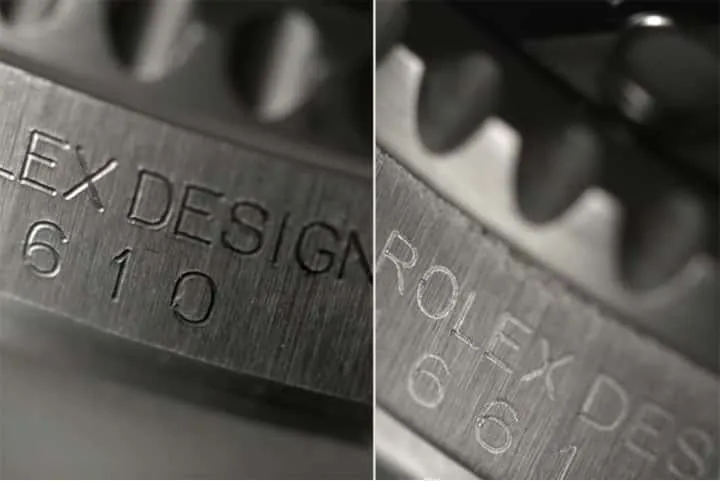 Side-by-side engraving comparison of genuine Rolex case (left) versus superclone (right), revealing depth and font differences critical for authentication.