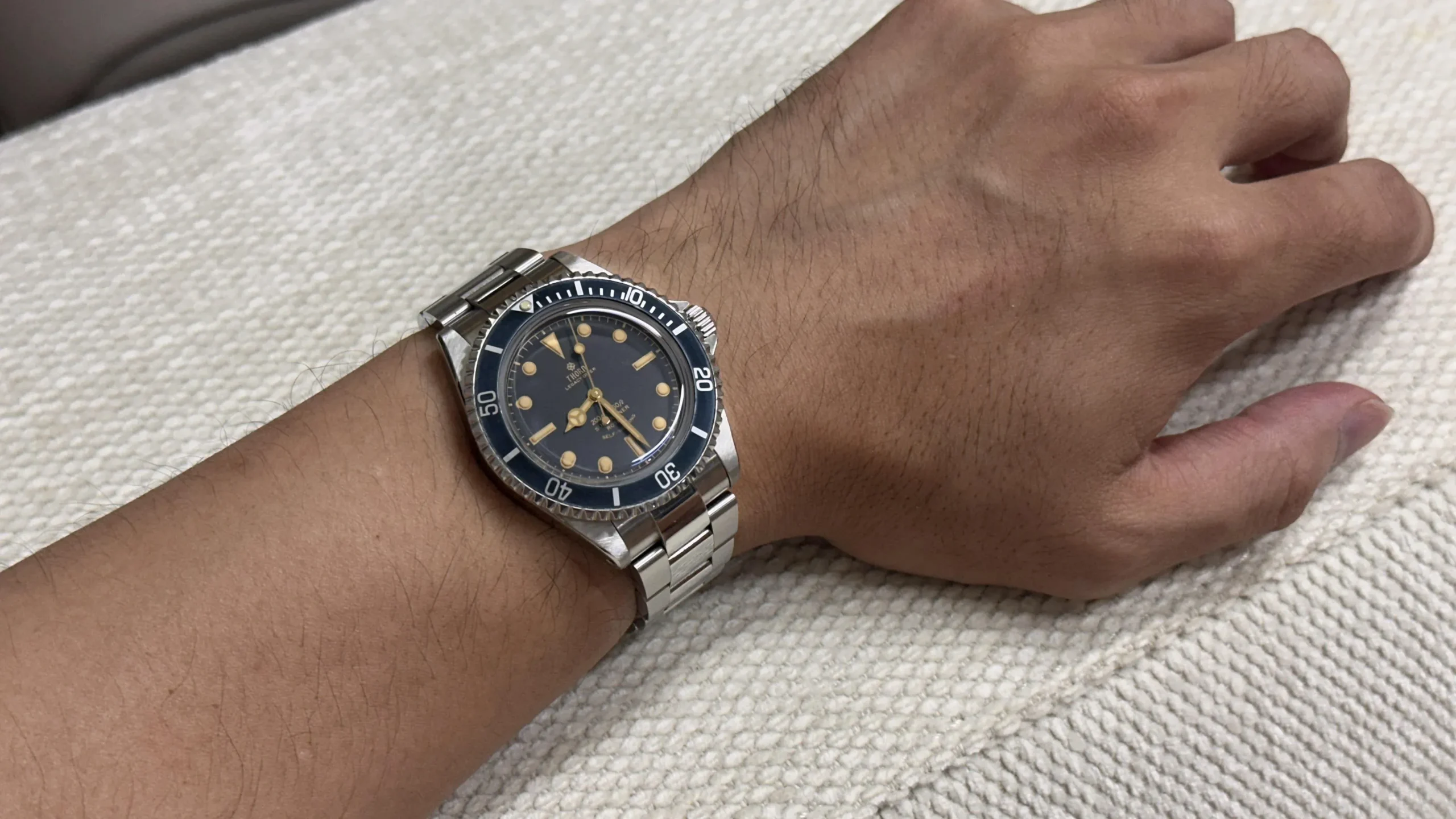 Another angle of VSF Submariner on wrist highlighting dial, hands, and bracelet fit.