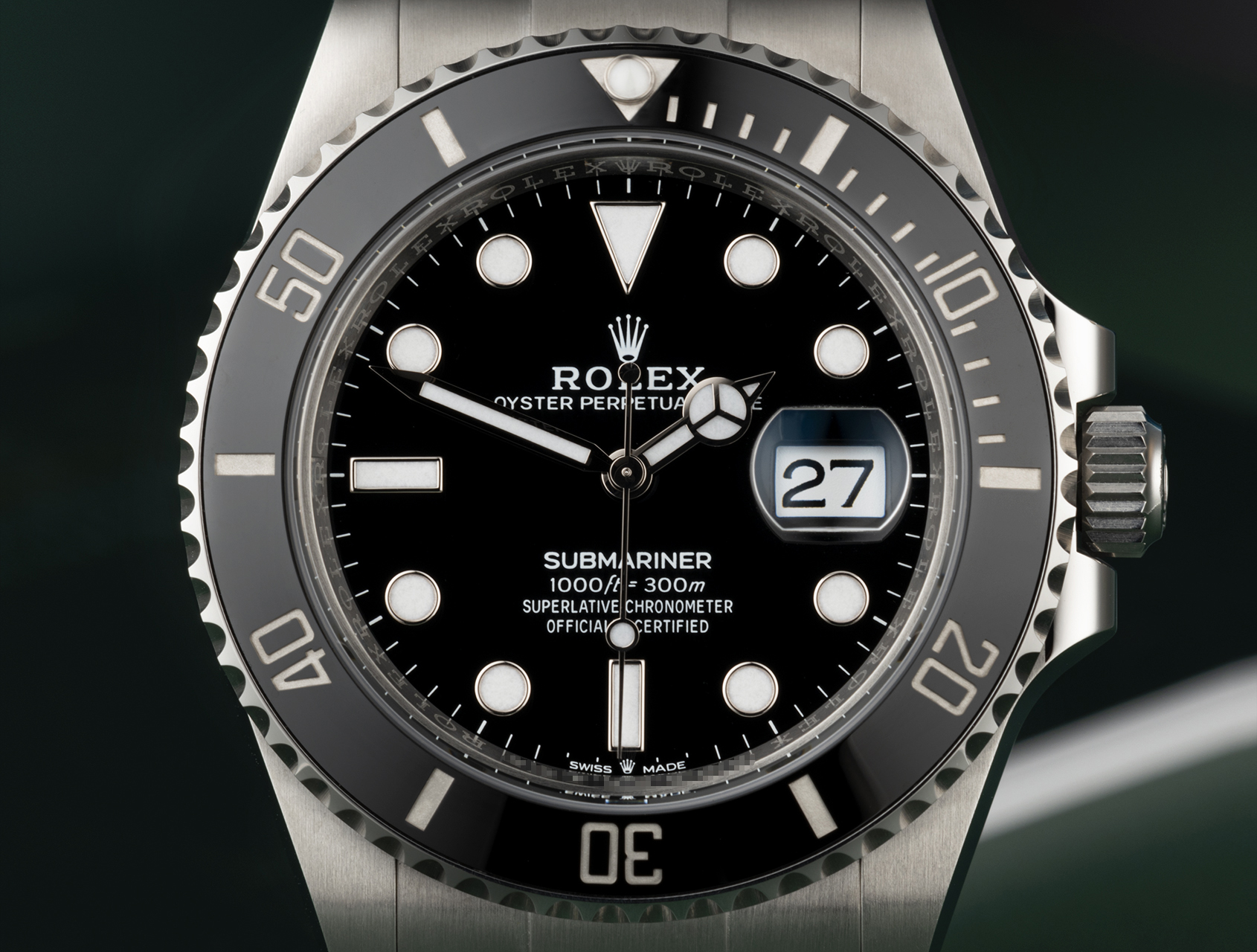 Full view of superclone Rolex Submariner Date on Oyster bracelet, showing 300m water resistance markings and screw-down crown guards.