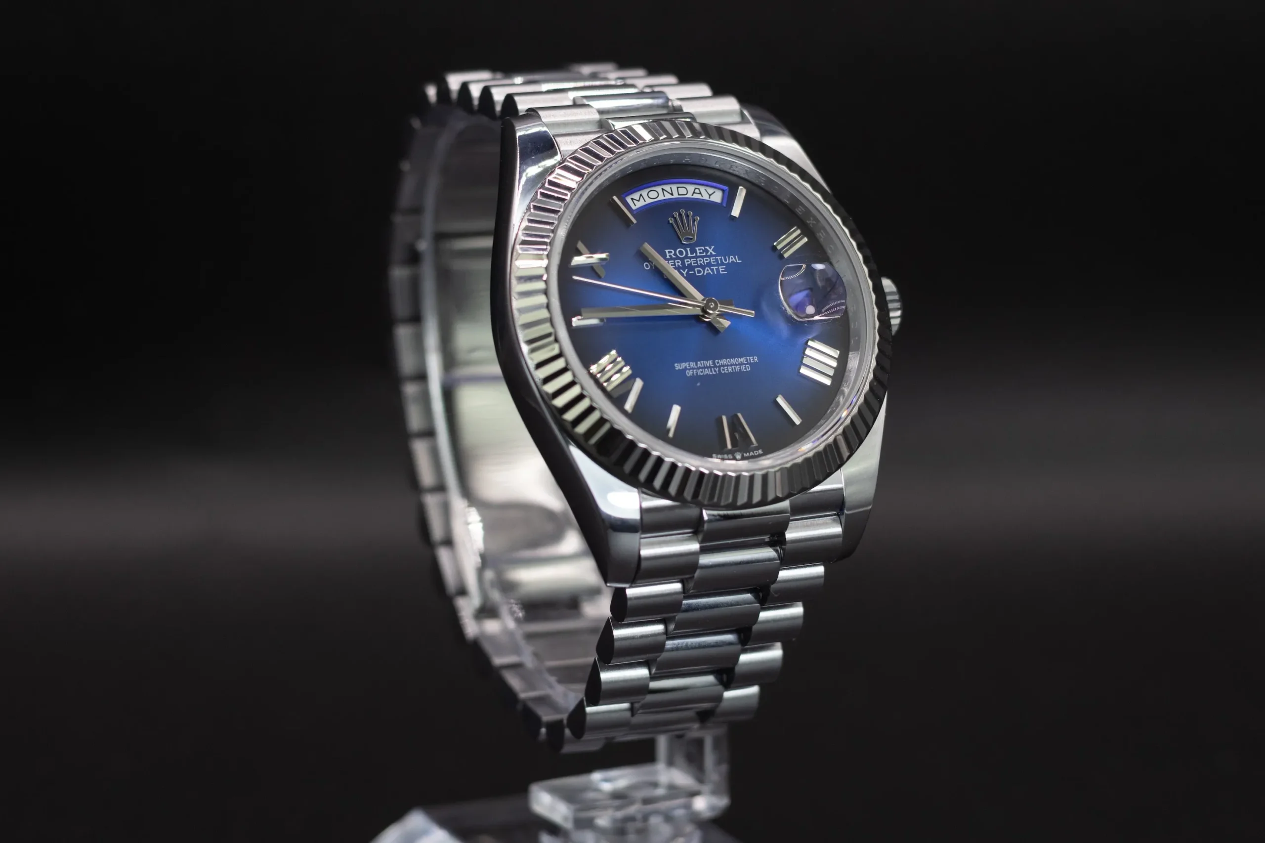 Full face view of the champagne dial on the 2026 Rolex President superclone.