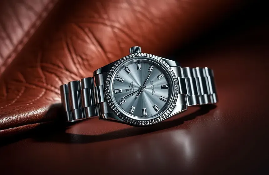 Professional photo of Rolex Datejust superclone highlighting fluted bezel and silver dial.