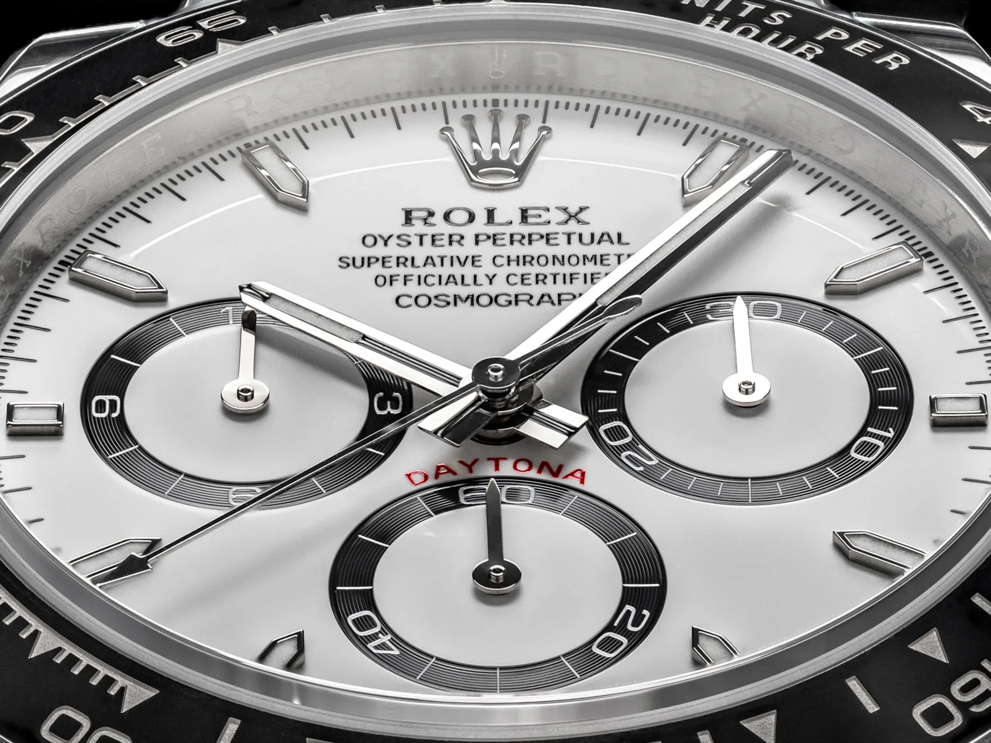 Close-up of Rolex Daytona panda superclone dial and hands highlighting sub-dial alignment and chronograph details.