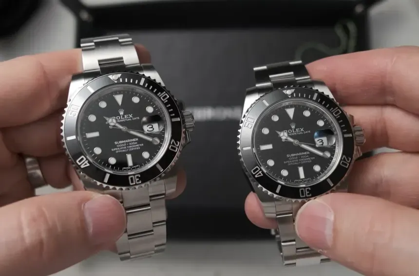 High-resolution comparison of different superclone factories for Rolex Submariner, focusing on dial printing, bezel, and case finishing.