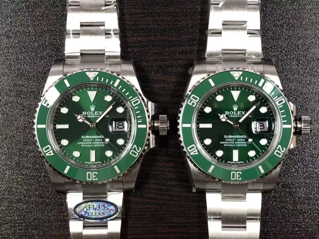 Side-by-side Clean Factory and VSF superclone Rolex Submariner Hulk, highlighting bezel color accuracy and marker alignment.