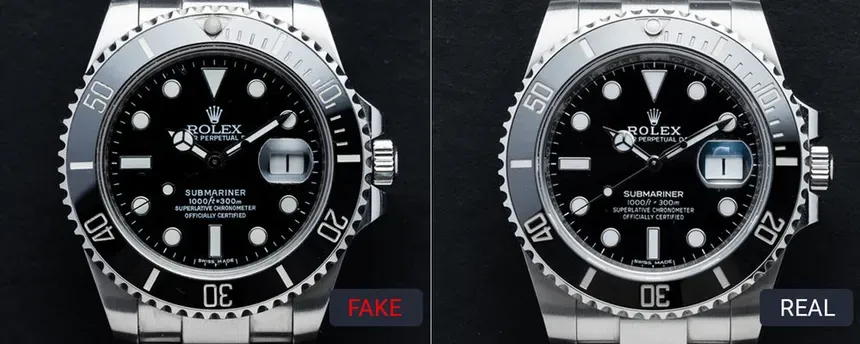 High-resolution side-by-side photo of genuine Rolex Submariner 126610LN versus superclone, held in hands for scale and alignment review on neutral background. 