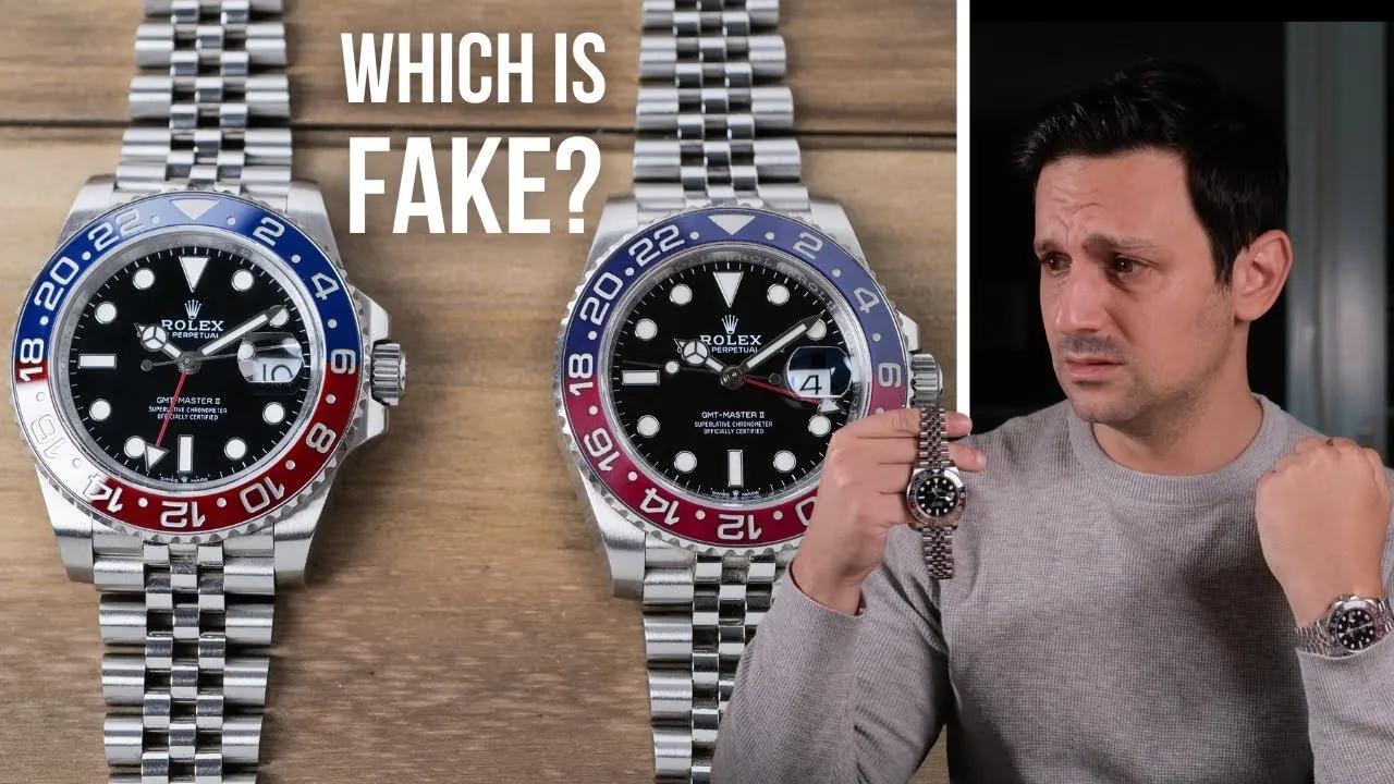 Side-by-side genuine Rolex GMT-Master II Pepsi versus superclone, showing dial text, bezel, and hand stacking
